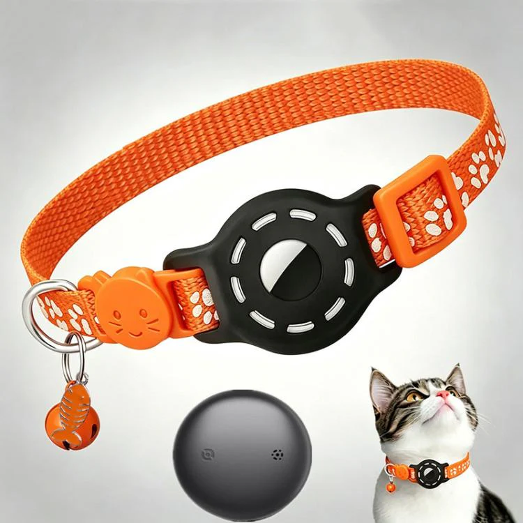 Smart Cat Collar With Built-In Tracker Reflective Paw Prints Compatible with Google Find My(Orange+Black)