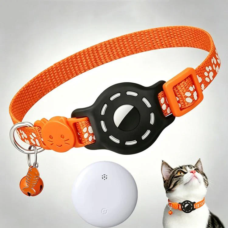 Smart Cat Collar With Built-In Tracker Reflective Paw Prints Compatible with Google Find My(Orange+White)
