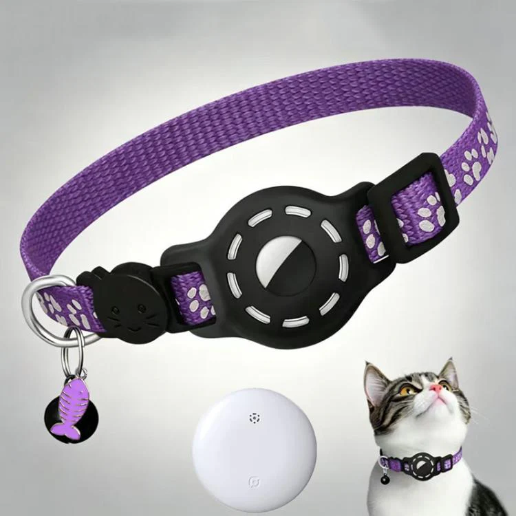 Smart Cat Collar With Built-In Tracker Reflective Paw Prints Dual System for iOS & Android(Purple+White)