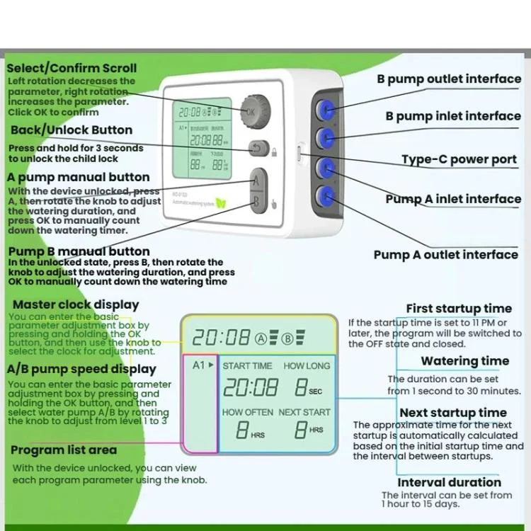 Smart Dual-Pump Watering System Potted Plant Timed Automatic Dripper, Spec: Adjustable Drip Arrow EU Plug - Image 10