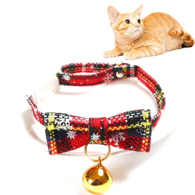 Snowflake Christmas Red Plaid Adjustable Pet Bow Tie Collar Bow Knot Cat Dog Collar, Size:S 17-30cm, Style:Small Bowknot With Bell