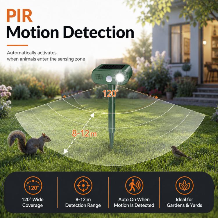 Solar Animal Repeller Outdoor Ultrasonic Cat Deterrent Yard with PIR Motion Sensor 4 Modes Ultrasonic Bird Deterrent Garden Dog Repeller with LED Flashing Light(Green) - Image 6