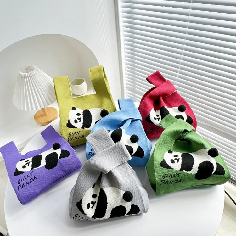 Spring and Summer Giant Panda Knitted Bag Large Capacity Cartoon Vest Style Handbag(Grey) - Image 2