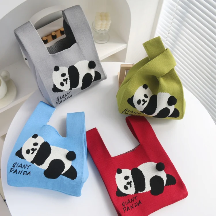 Spring and Summer Giant Panda Knitted Bag Large Capacity Cartoon Vest Style Handbag(Grey) - Image 3