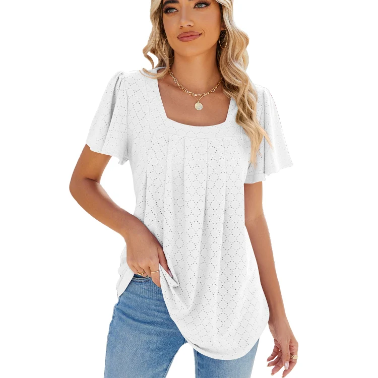 Spring and Summer Square Neck Pleated Short Sleeve Ladies Loose T-Shirt Top, Size: L(White)