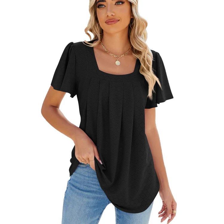 Spring and Summer Square Neck Pleated Short Sleeve Ladies Loose T-Shirt Top, Size: M(Black)