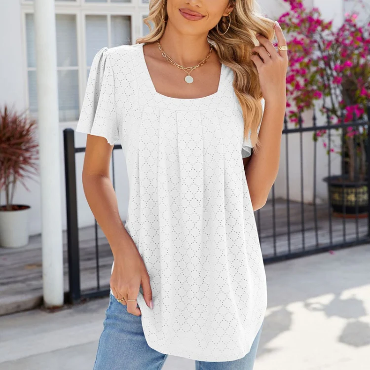 Spring and Summer Square Neck Pleated Short Sleeve Ladies Loose T-Shirt Top, Size: M(White) - Image 3