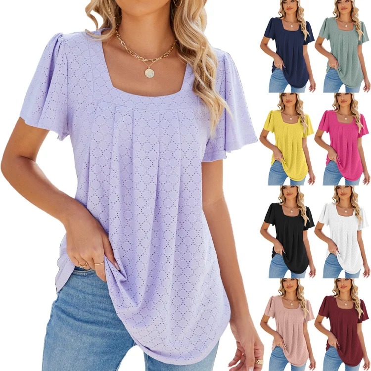 Spring and Summer Square Neck Pleated Short Sleeve Ladies Loose T-Shirt Top, Size: S(Black) - Image 5