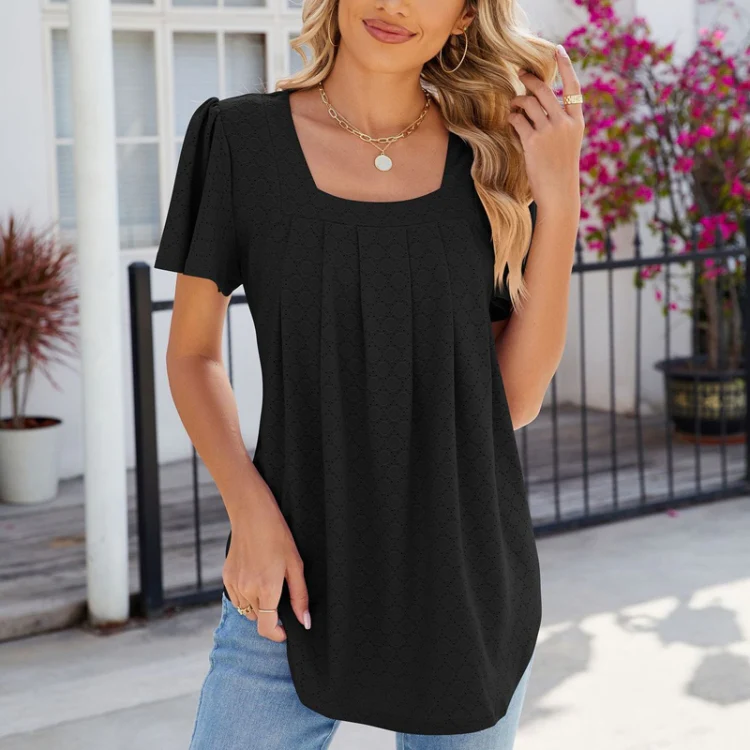 Spring and Summer Square Neck Pleated Short Sleeve Ladies Loose T-Shirt Top, Size: XL(Black) - Image 3