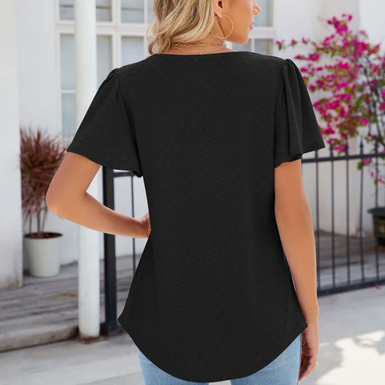 Spring and Summer Square Neck Pleated Short Sleeve Ladies Loose T-Shirt Top, Size: XL(Black) - Image 4