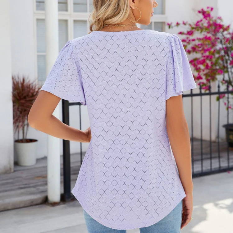 Spring and Summer Square Neck Pleated Short Sleeve Ladies Loose T-Shirt Top, Size: XL(Purple) - Image 4