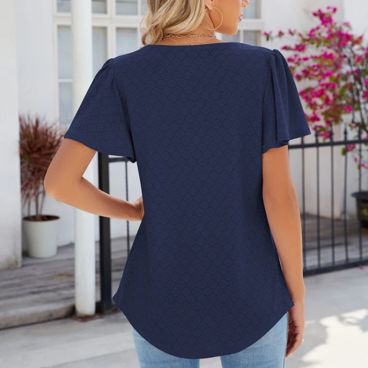 Spring and Summer Square Neck Pleated Short Sleeve Ladies Loose T-Shirt Top, Size: XXL(Navy) - Image 4