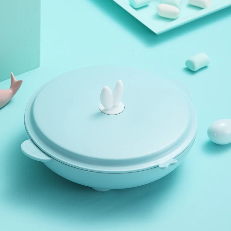 Stainless Steel Baby Dinner Plate Cartoon Rabbit Ears Shape Lattice Student Tableware Infant Food Supplement Training Rice Bowl Fast Food Plate(Blue) - Image 6
