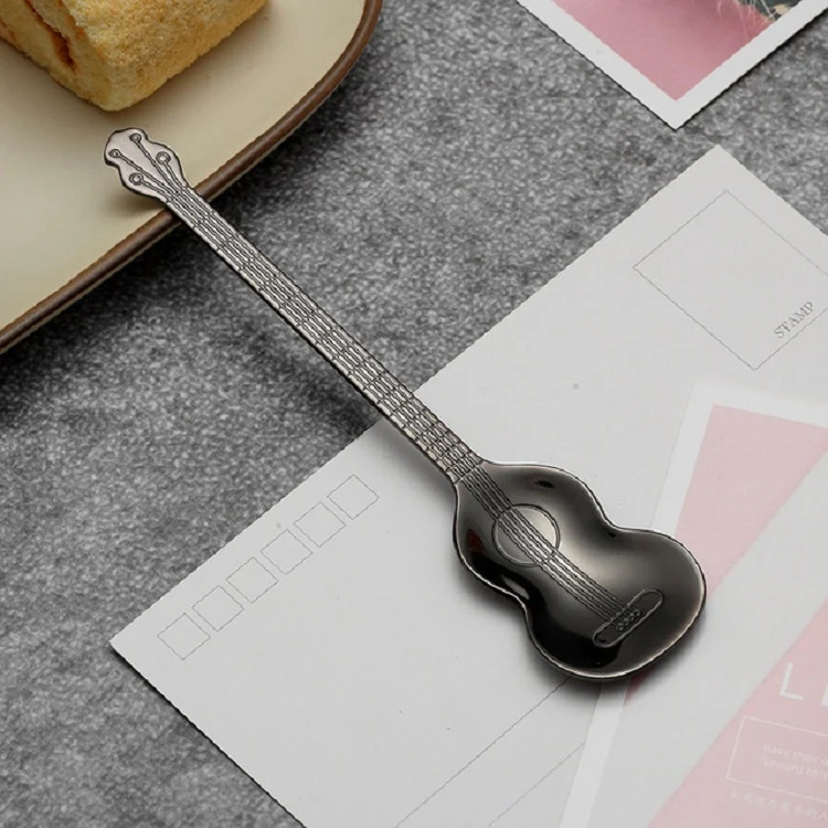 Stainless Steel Coffee Mixing Spoon Creative Musical Instrument Shape Spoon, Style:Guitar, Color:Titanium Black - Image 2