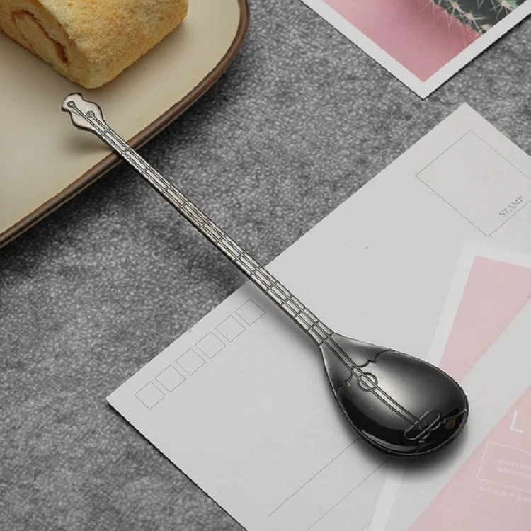 Stainless Steel Coffee Mixing Spoon Creative Musical Instrument Shape Spoon, Style:Lute, Color:Titanium Black - Image 2