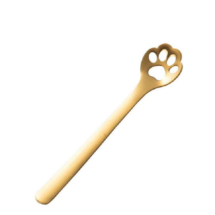 Stainless Steel Creative Cat Claw Coffee Spoon Dessert Cake Spoon, Style:Hollow Cat Claw Spoon, Color:Gold