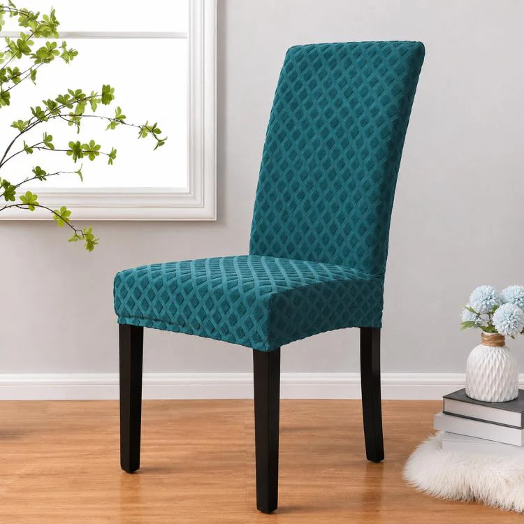 Stretch Dining Chair Cover Rhombus High Back Kitchen Chair Slipcover, Size: L 60-70cm Height(Peacock Blue)