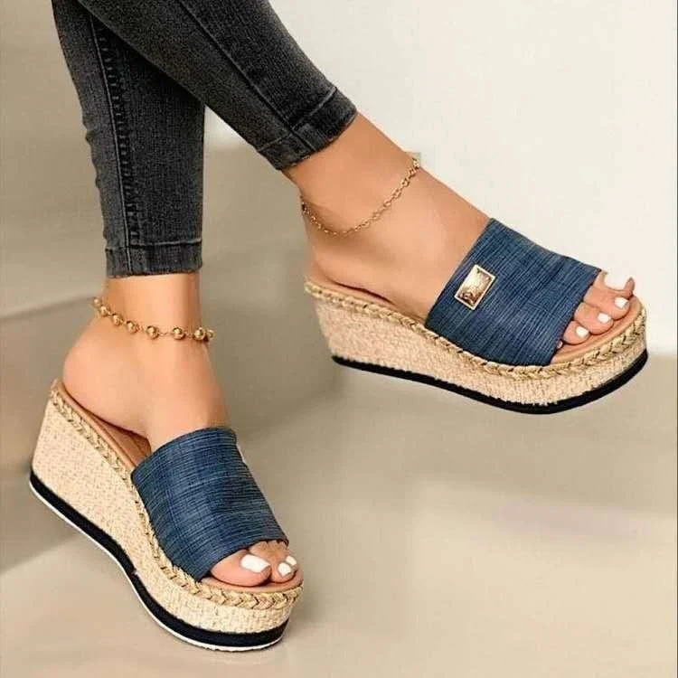 Summer Casual Sandals Women Shoes Hemp Rope Woven Thick Bottom Slope Heel Slippers, Size: 40(Blue)
