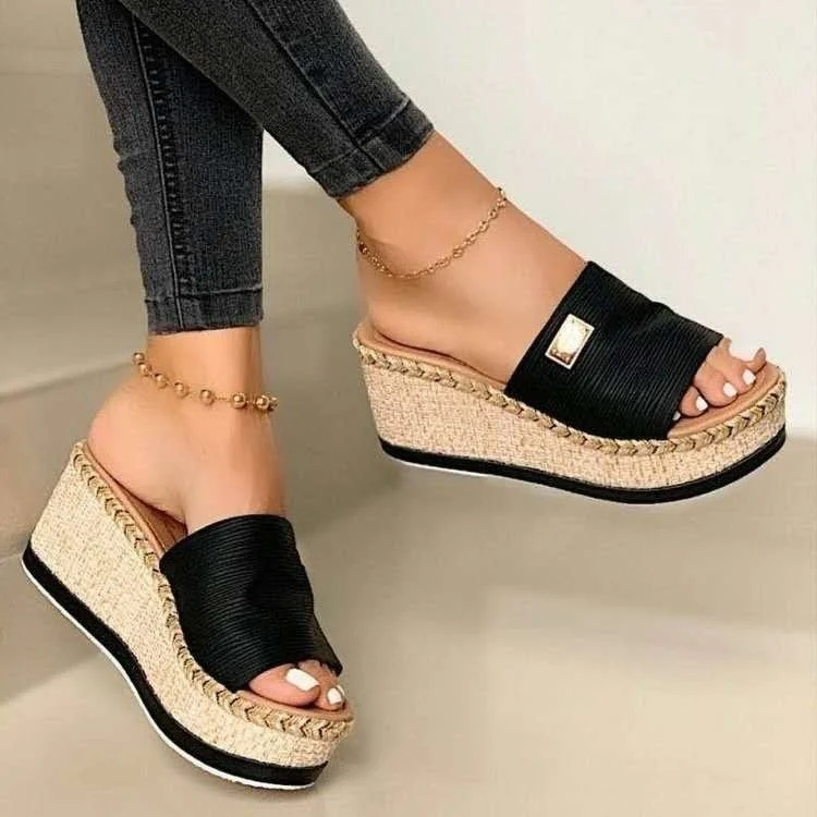 Summer Casual Sandals Women Shoes Hemp Rope Woven Thick Bottom Slope Heel Slippers, Size: 41(Black)