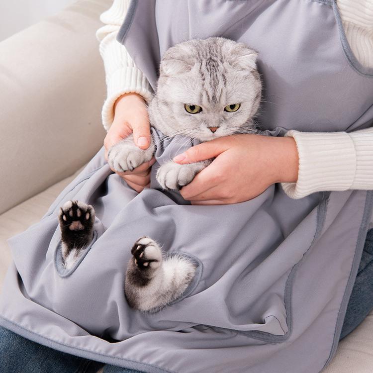 Summer Cat Grooming Apron For Nail Trimming Anti-Hair Sticking Design With Feet Opening(Grey)