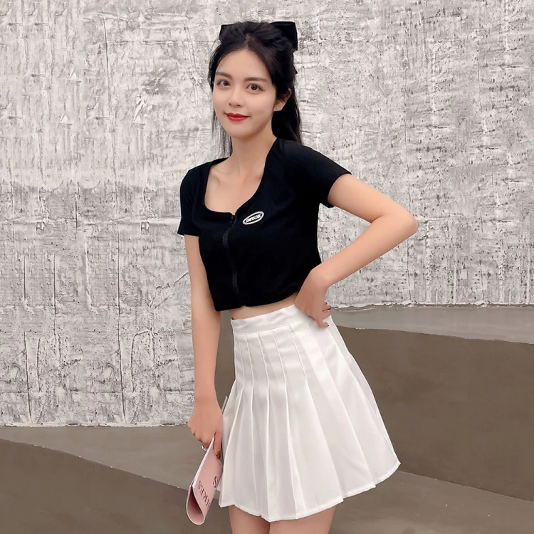 Summer High Waist Pleated Skirt Student A-Shaped Skirt, Size: S(White)
