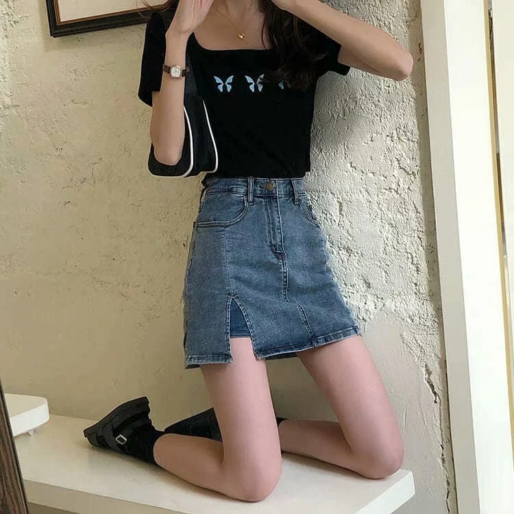 Summer Tight-fitting High-waisted A-line Slim Skirt With Splits, Size: L(627 Blue) - Image 4