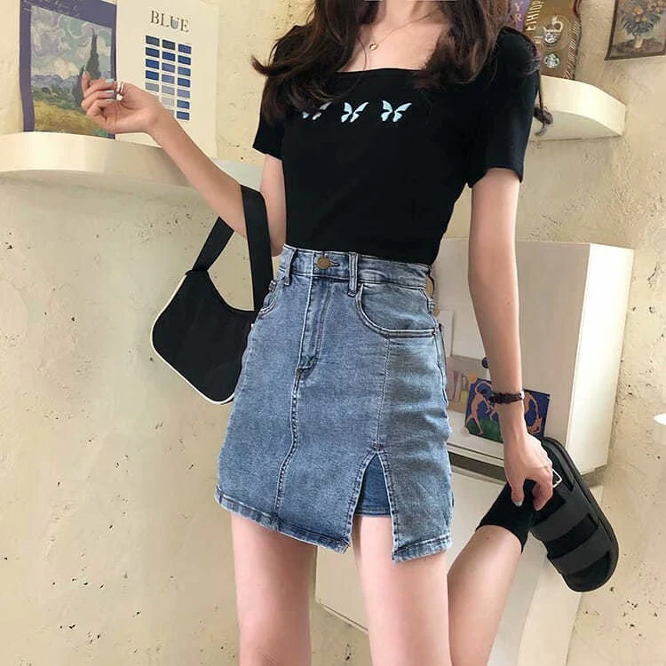 Summer Tight-fitting High-waisted A-line Slim Skirt With Splits, Size: S(627 Blue)