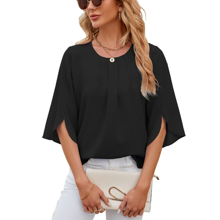 Summer Women Loose Chiffon Blouse Tops Round Neck 5 Points Sleeve Short Sleeve, Size: XL(Black)