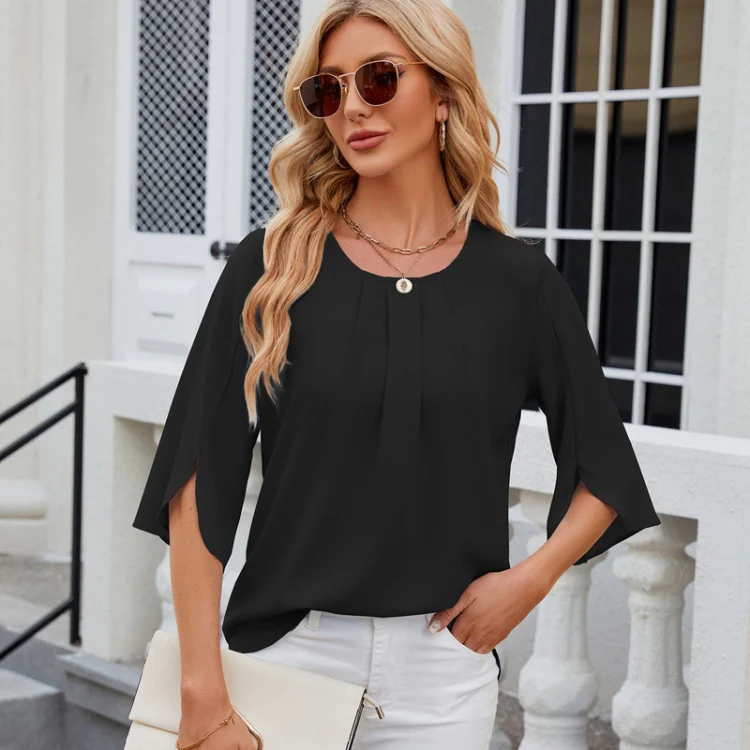 Summer Women Loose Chiffon Blouse Tops Round Neck 5 Points Sleeve Short Sleeve, Size: XL(Black) - Image 4