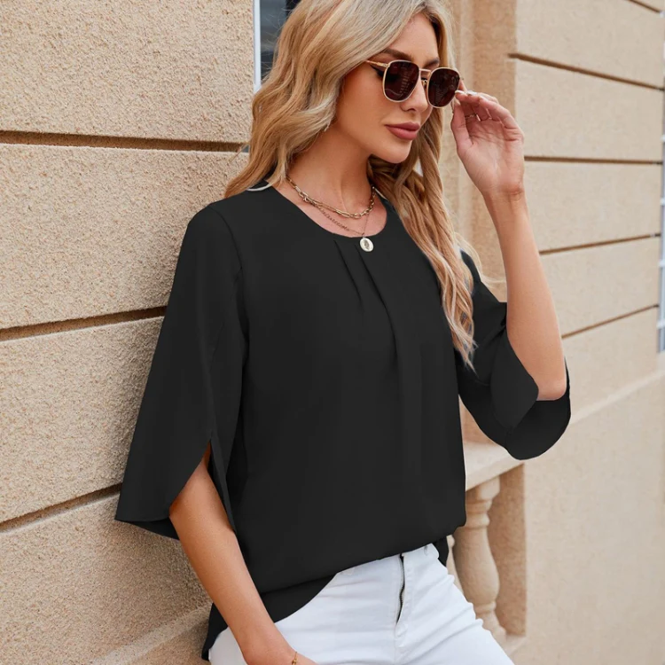 Summer Women Loose Chiffon Blouse Tops Round Neck 5 Points Sleeve Short Sleeve, Size: XL(Black) - Image 5