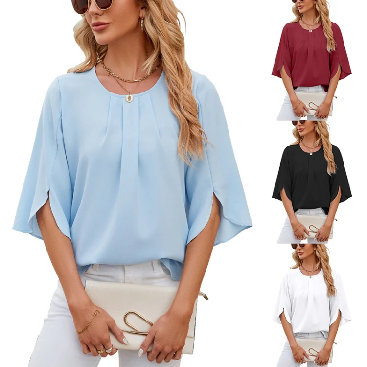 Summer Women Loose Chiffon Blouse Tops Round Neck 5 Points Sleeve Short Sleeve, Size: XL(Black) - Image 6