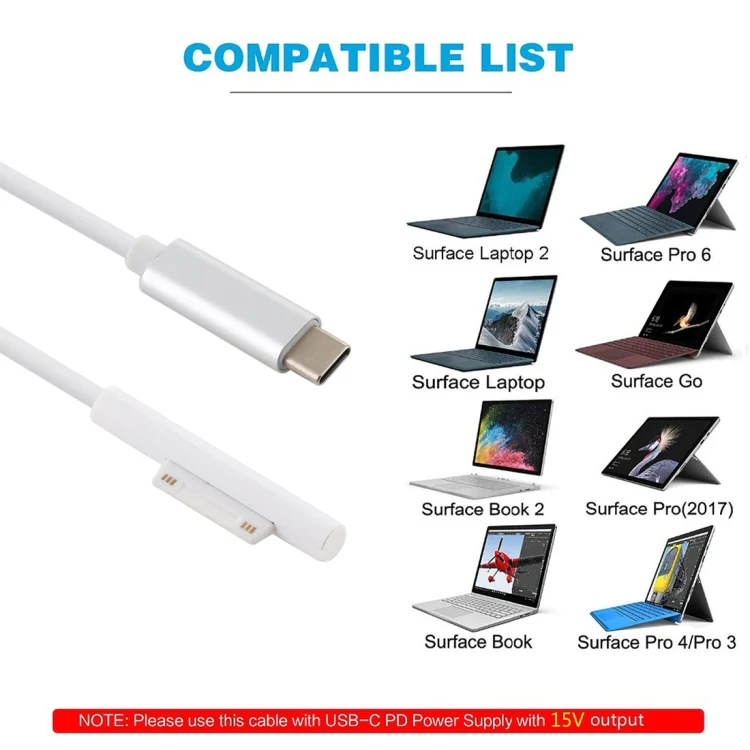 Surface Pro 7 / 6 / 5 to USB-C / Type-C Male Interfaces Power Adapter Charger Cable for Microsoft Surface Pro 7 / 6 / 5 / 4 / 3 / Microsoft Surface Go(White) - Image 5