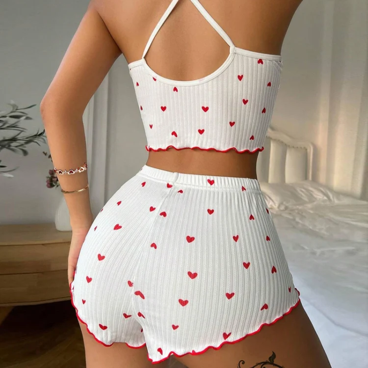 Suspender Shorts Sexy Bow Print Milk Silk Pajamas Set, Size: L(Wine Red) - Image 4