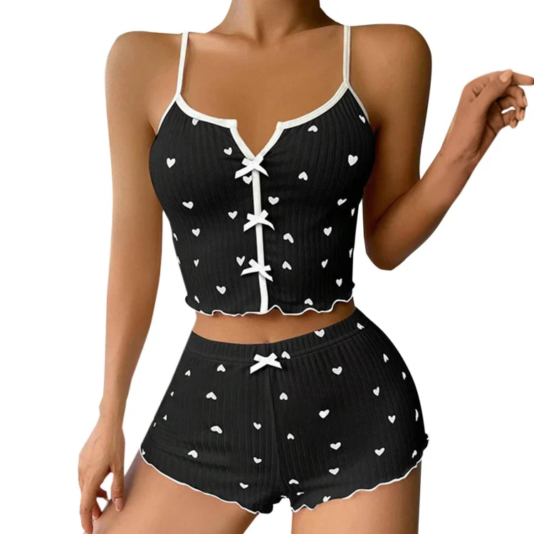 Suspender Shorts Sexy Bow Print Milk Silk Pajamas Set, Size: M(Black Background White Heart)