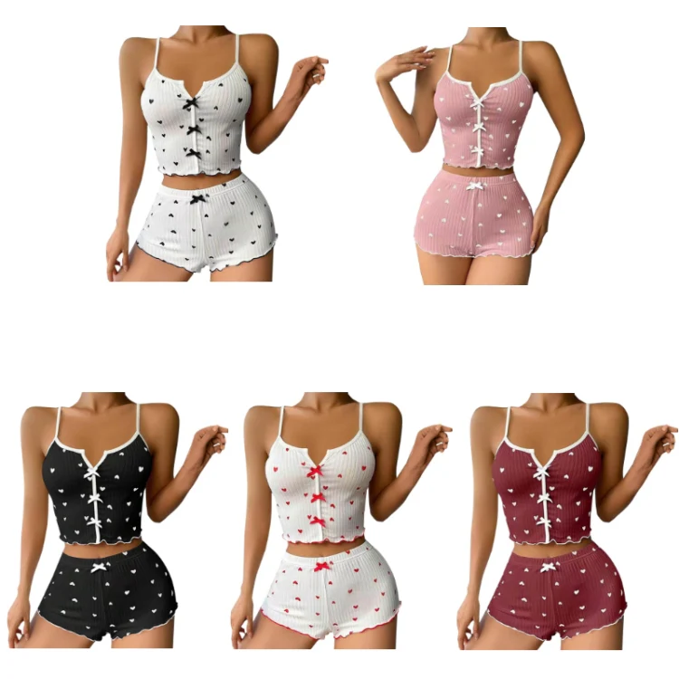 Suspender Shorts Sexy Bow Print Milk Silk Pajamas Set, Size: M(Black Background White Heart) - Image 2