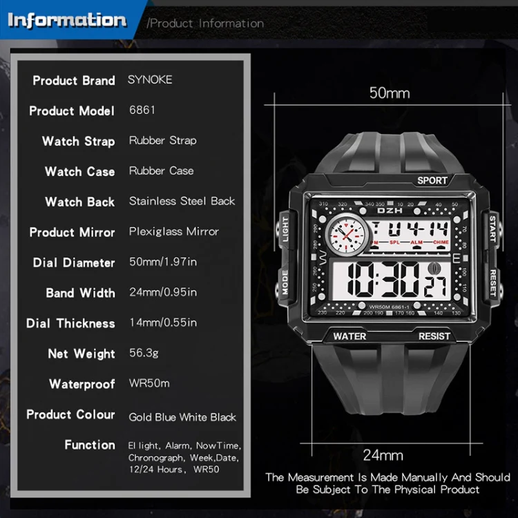 SYNOKE 6861 Outdoor Luminous Waterproof Multi-Function Square Large Screen Display Sports Electronic Watch(Black Bead White) - Image 7