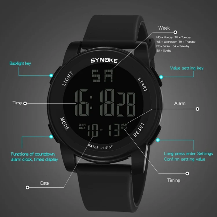 SYNOKE 9002 Men Outdoor Waterproof Sports Watch Multifunctional Luminous Digital Watch(Black) - Image 4