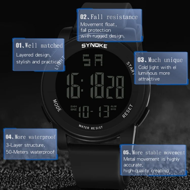 SYNOKE 9002 Men Outdoor Waterproof Sports Watch Multifunctional Luminous Digital Watch(Black) - Image 5