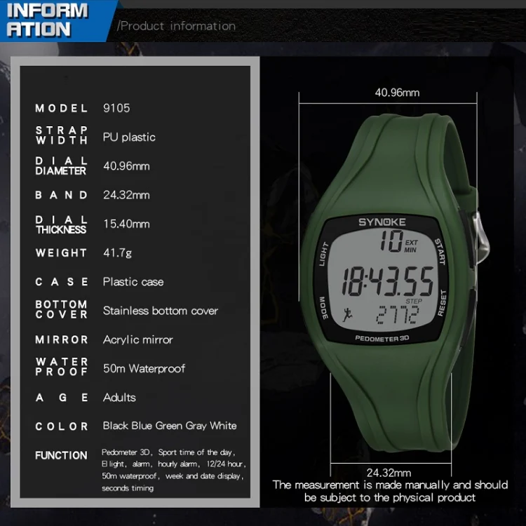 SYNOKE 9105 Multifunctional Sports Time Record Waterproof Pedometer Electronic Watch(Army Green) - Image 3