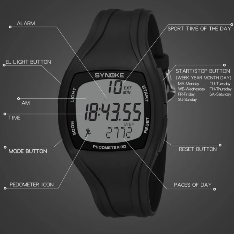 SYNOKE 9105 Multifunctional Sports Time Record Waterproof Pedometer Electronic Watch(Black) - Image 4