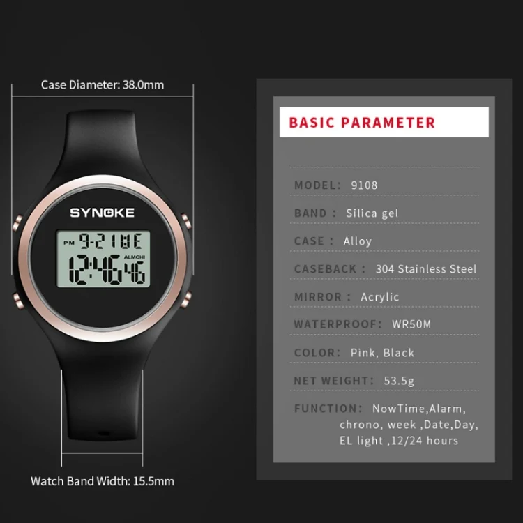 SYNOKE 9108 Student Silicone Strap Electronic Watch(Black) - Image 6