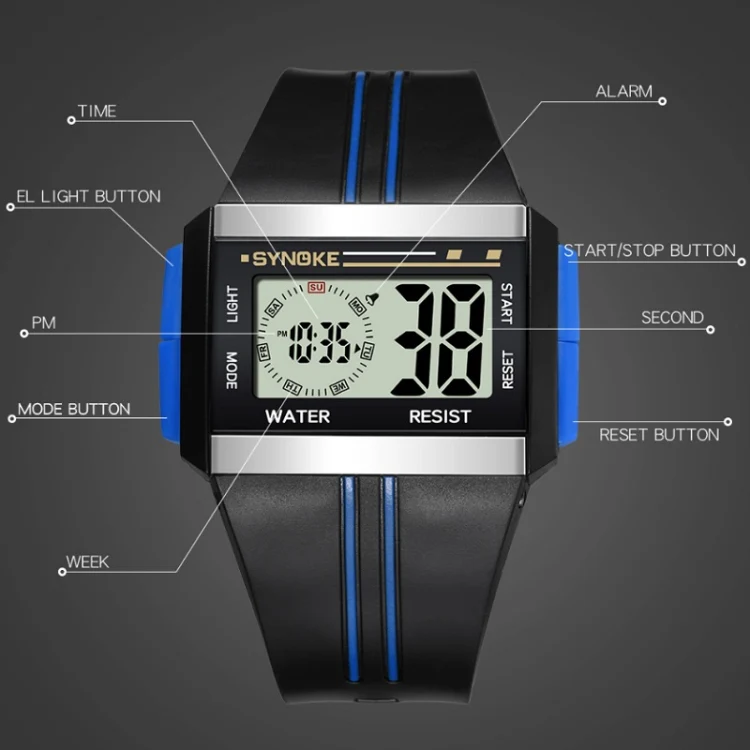 SYNOKE 9222 Men Large Screen Square Multi-Function Waterproof Luminous Electronic Watch(Black) - Image 4