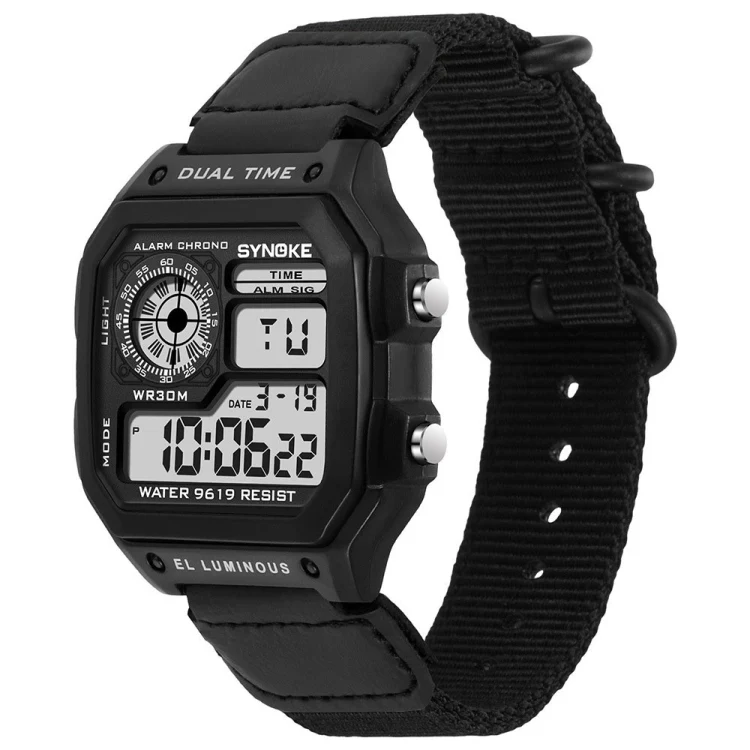 SYNOKE 9619C Nylon Canvas Strap Three-Ring Buckle Vintage Electronic Luminous Watch(Black)
