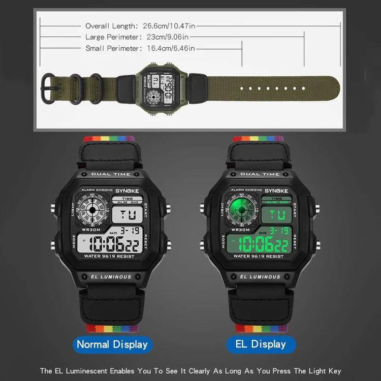 SYNOKE 9619C Nylon Canvas Strap Three-Ring Buckle Vintage Electronic Luminous Watch(Green) - Image 3