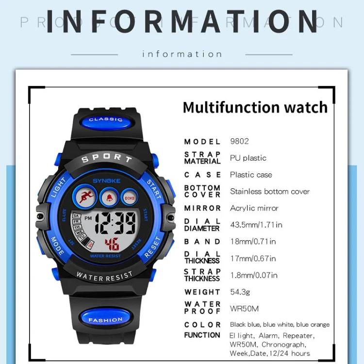 SYNOKE 9802 Children Sports Waterproof Digital Watch(Blue Orange) - Image 6