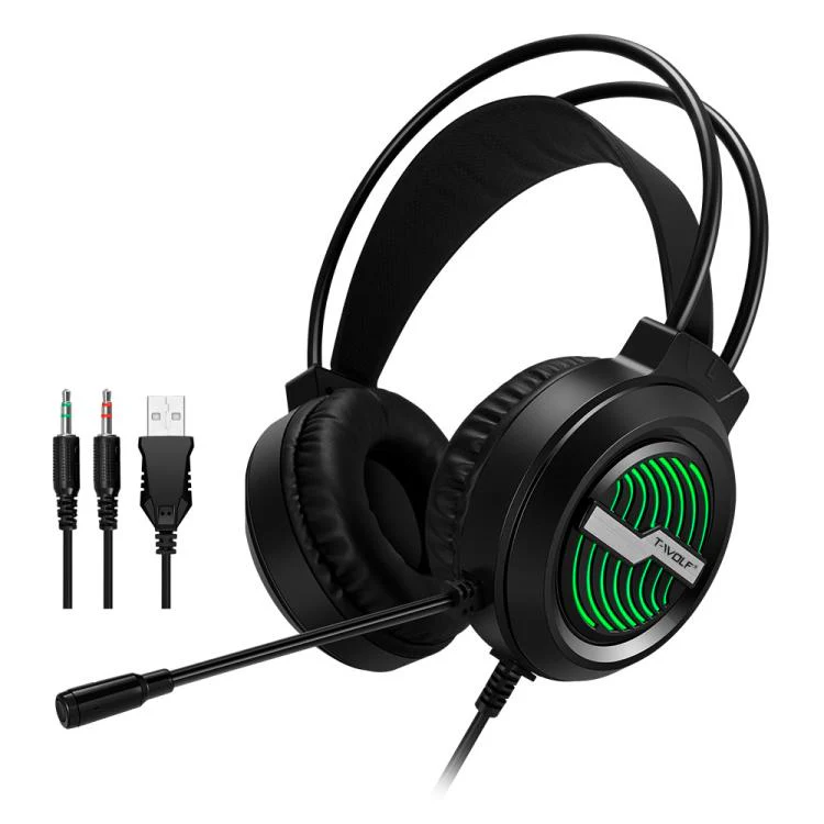 T-WOLF H130 Dual 3.5mm and USB Gaming Headset with Microphone RGB Luminous Wired PC Headphones(Black)