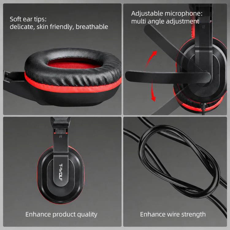 T-WOLF H150 Dual 3.5mm Plugs Gaming Headset with Microphone Over-Ear Stereo Wired PC Headphones with 40mm Speaker Drivers(Black Red) - Image 10