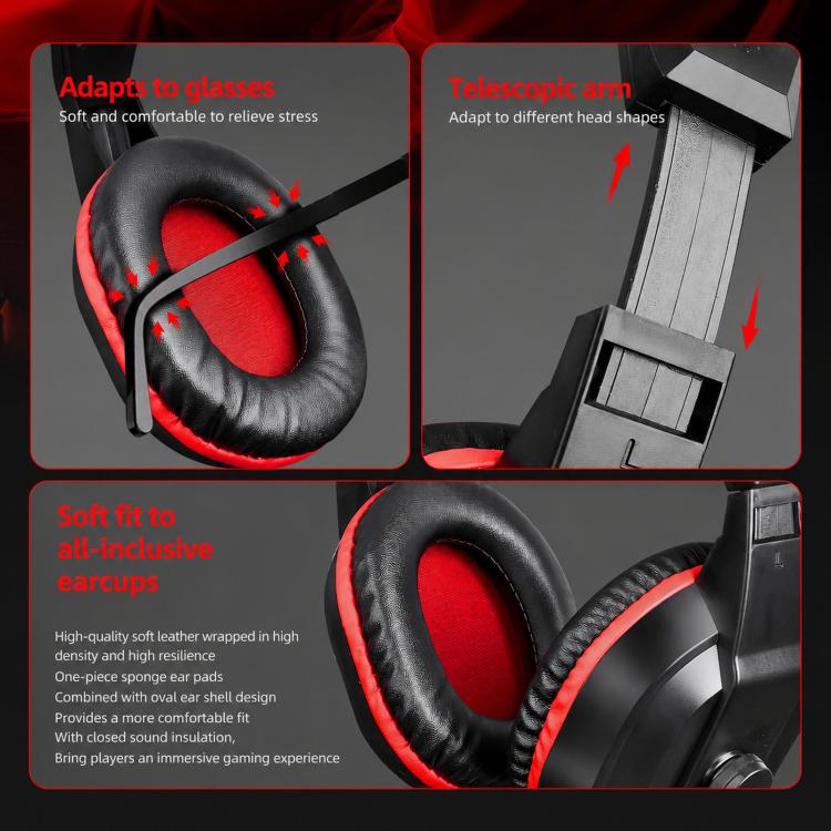 T-WOLF H150 Dual 3.5mm Plugs Gaming Headset with Microphone Over-Ear Stereo Wired PC Headphones with 40mm Speaker Drivers(Black Red) - Image 4