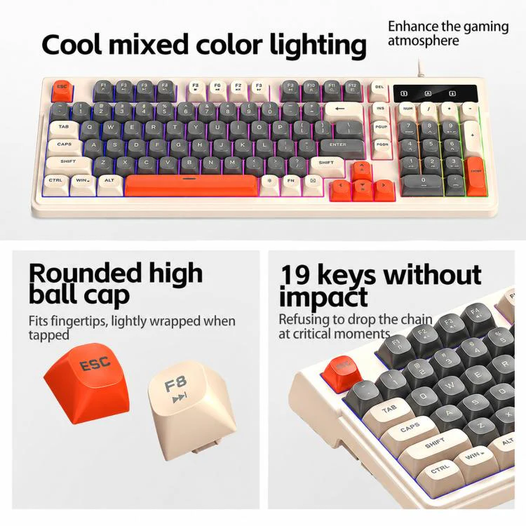 T-WOLF TF330 Wired Keyboard And Mouse Combo 3-Color Block Retro Gaming Keyboard With 98-Key Compact Layout, RGB Backlit(Black Blue) - Image 3