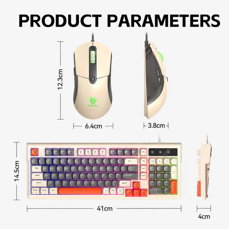 T-WOLF TF330 Wired Keyboard And Mouse Combo 3-Color Block Retro Gaming Keyboard With 98-Key Compact Layout, RGB Backlit(Black Blue) - Image 9